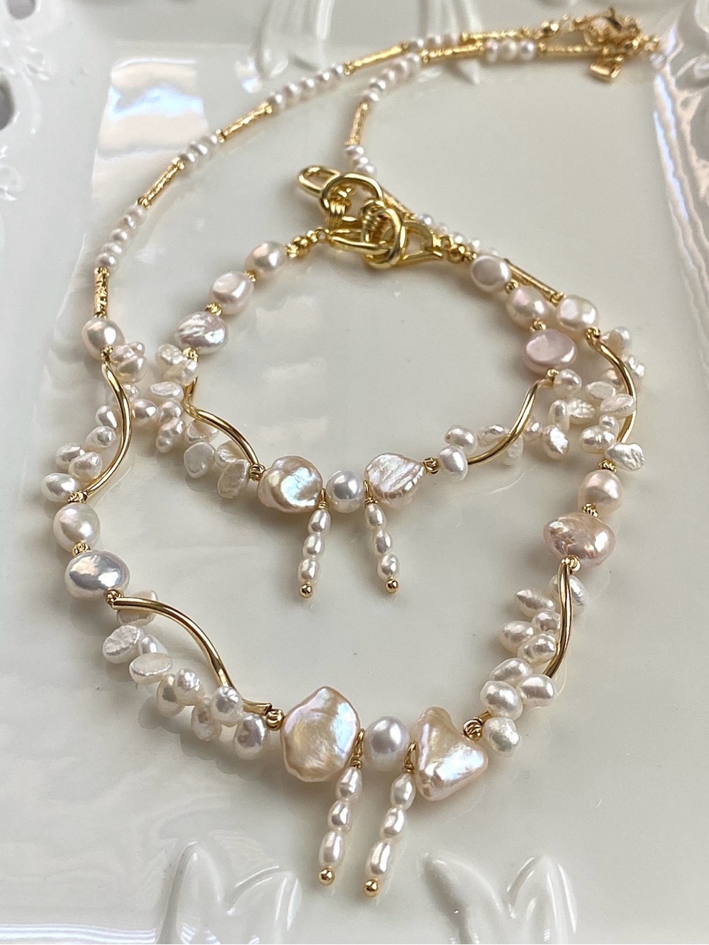 S72-Handmade Keshi Pearl And Baby Pearl Bow Neckkace And Bracelet Set